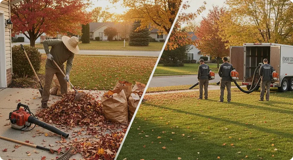 Split image shows a person raking leaves remove into bags on a driveway, and workers using equipment to clear leaves into a truck on a suburban lawn.
