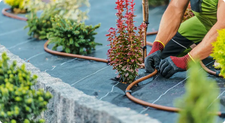 A person wearing gloves adjusts a garden irrigation hose around small shrubs. The scene conveys diligence and care in a well-maintained garden setting.
