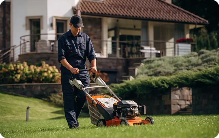 Technician pushing an orange mower in front of a house for West End Vancouver lawn mowing