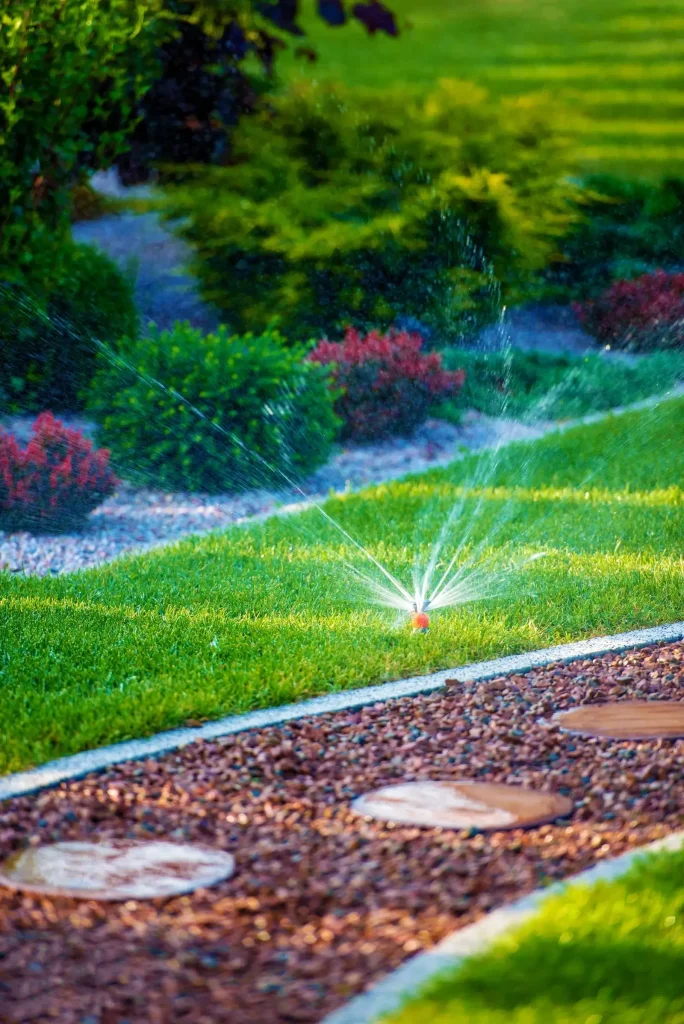Sprinkler watering a green lawn beside a mulched stepping-stone path, commercial lawn irrigation services