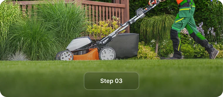 Landscaper pushing an orange mower past ornamental grasses, step 3 of property lawn care in Vancouver