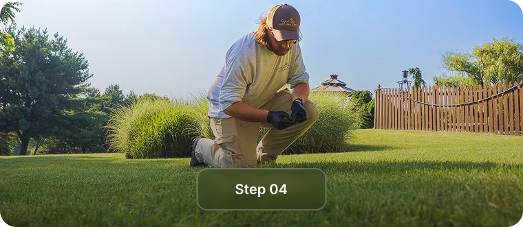 Gardener kneeling to check the grass by a wooden fence, step 4 of property lawn care in Vancouver