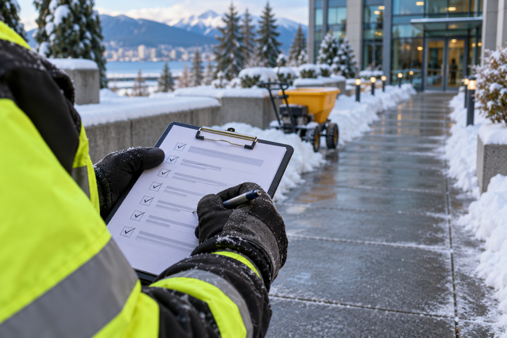 Gloved worker recording a winter maintenance inspection beside a cleared commercial walkway.