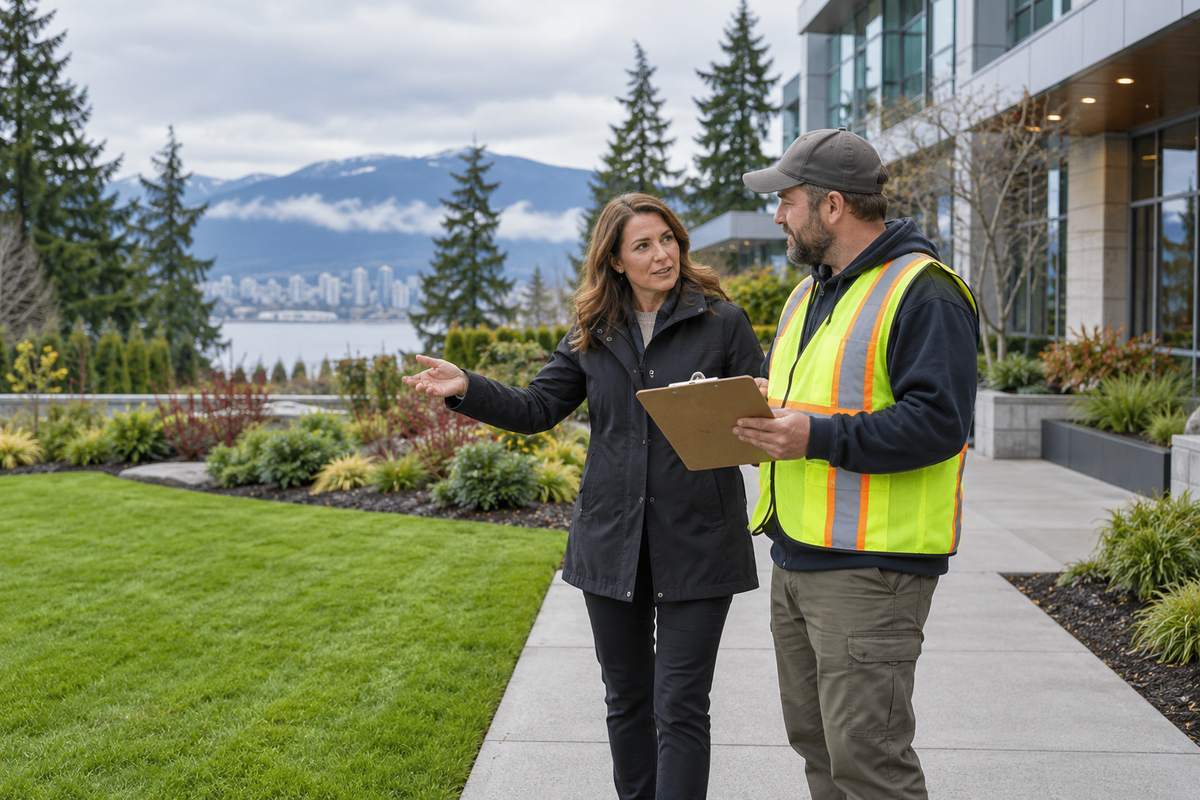 Property manager discussing landscaped grounds with a maintenance supervisor.