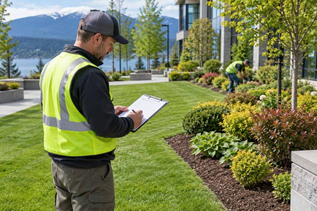 Grounds maintenance supervisor inspecting a commercial lawn and planted beds with a checklist.