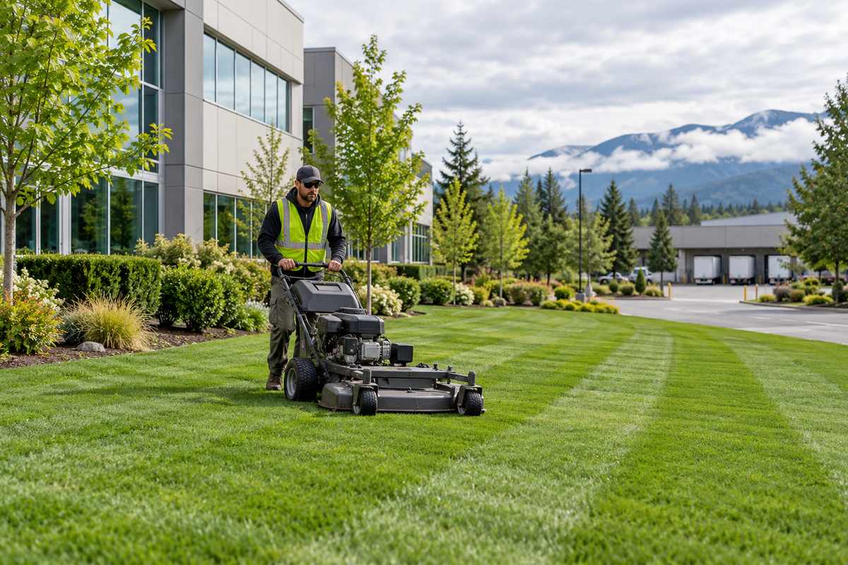 Groundskeeper mowing a green lawn beside a commercial business park.