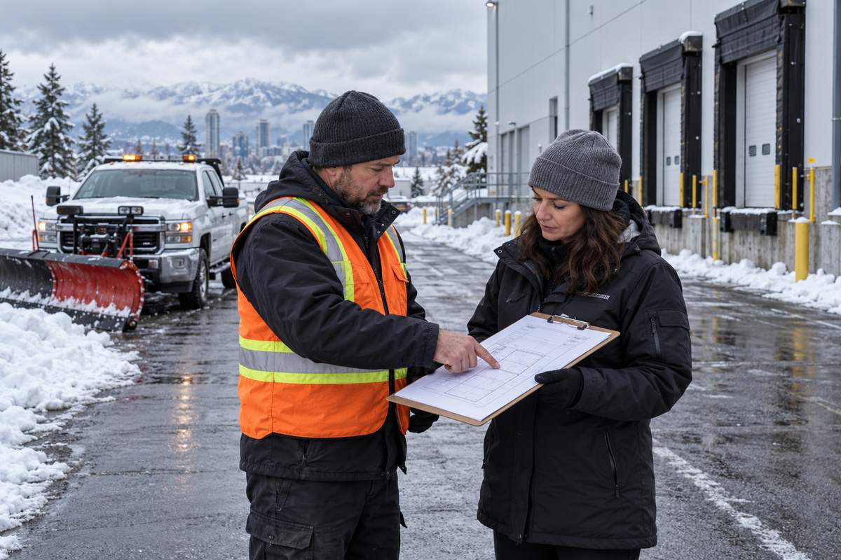 Snow removal contractor and property manager reviewing a plan beside a commercial loading dock.