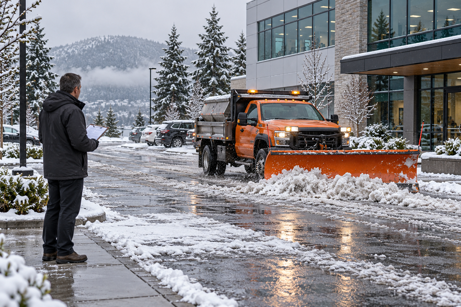 Snowplow clearing a commercial parking lot while a property manager checks a clipboard.