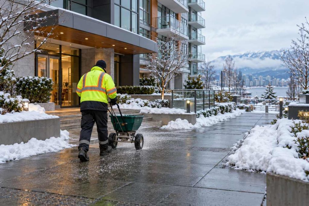 Winter maintenance worker spreading salt on a cleared strata entrance walkway.