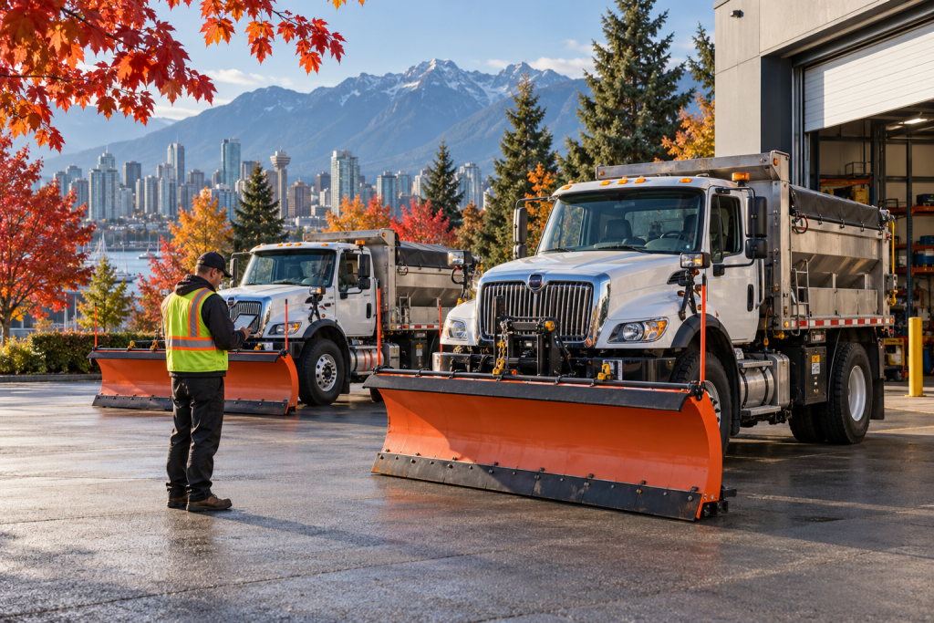 Snowplow trucks ready for winter service at a depot surrounded by autumn foliage.