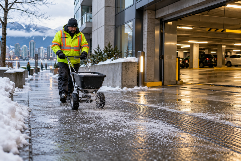 Winter maintenance worker spreading de-icing salt on a sidewalk beside a parkade entrance.